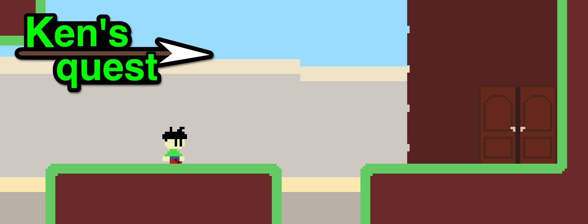 Banner art for Ken's Quest. Depicts a pixel art video game character holding his spear above his head